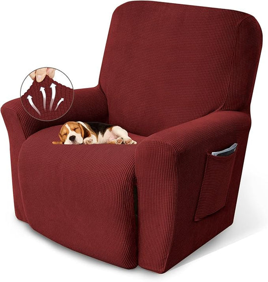 KEKUOU Recliner Chair Covers Lazy Boy Recliner Covers Stretch Couch Cover Slipcovers 1 Piece Furniture Protector with Elastic Bottom (Recliner, Dark Red)