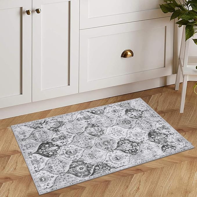 Lahome Moroccan Trellis Washable Rug, 2x3 Kitchen Rugs for Entryway Bathroom, Non-Slip Indoor Door Mat Ultra-Thin, Small Oriental Throw Carpet for Bedroom Entry Elise, Silver/Grey