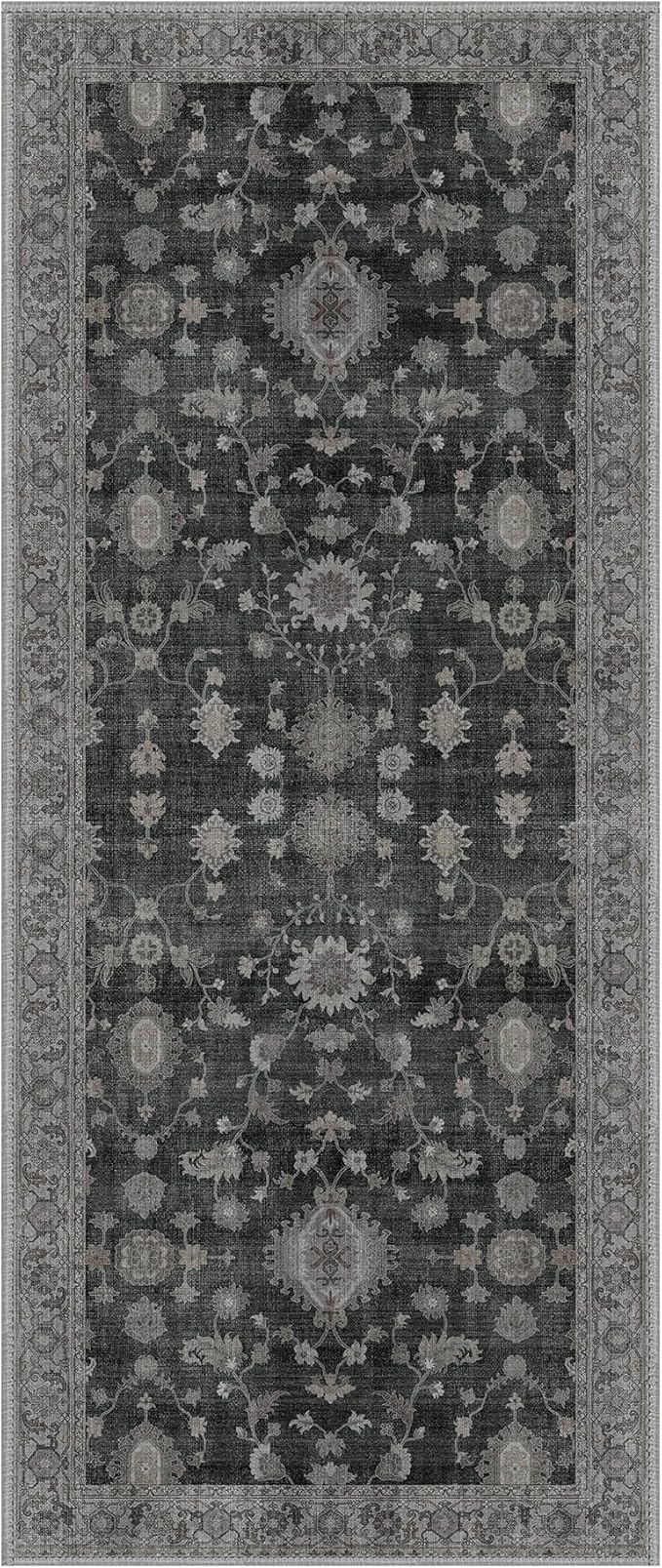 GENIMO Runner Rug for Hallways Machine Washable, 2'6''x6 Non Slip Boho Vintage Lightweight Washable Runners, Thin Floor Rugs for Entryway Hallway Bathroom Laundry Room Corridor, Charcoal