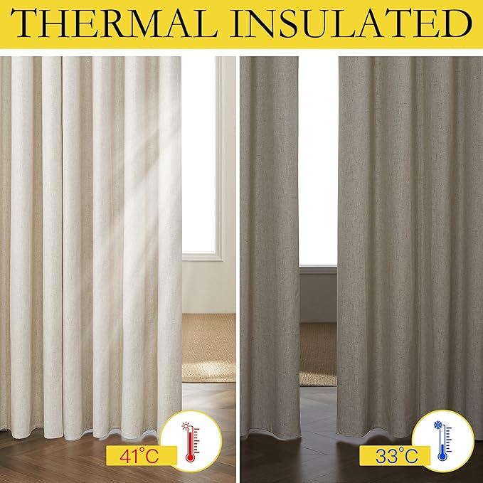 NICETOWN Natural 100% Blackout Short Curtains 63 inches Lenghth Burg for Kitchen, 2 Panels, Burlap Linen Drapes with Thermal Insulated White Liner, Keeping Out Cold Air and Heat Panels