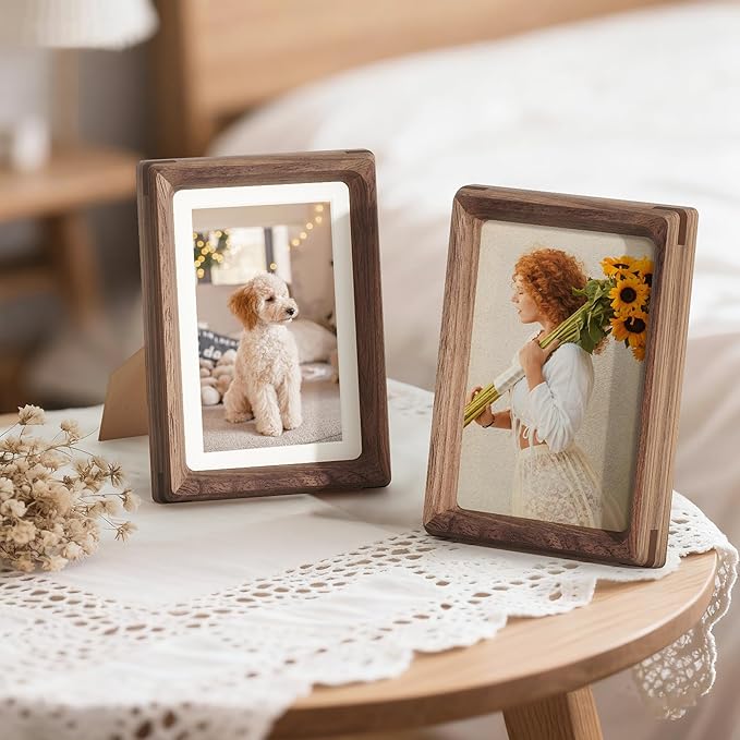 Fun Memories 4x6 Picture Frame, USA-Sourced Walnut Wood Photo Frames with HD Tempered Glass, Handcrafted Rounded Corner 4 x 6 Wooden Frame Matted to 3.5x5 Photos, 4x6 Frames, Tabletop or Wall Display