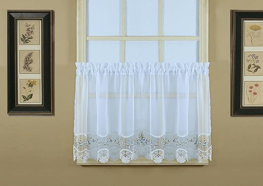 Today's Curtain, Vintage Macramé Organza Tier 24", White/Blue, 58" W x 24" L