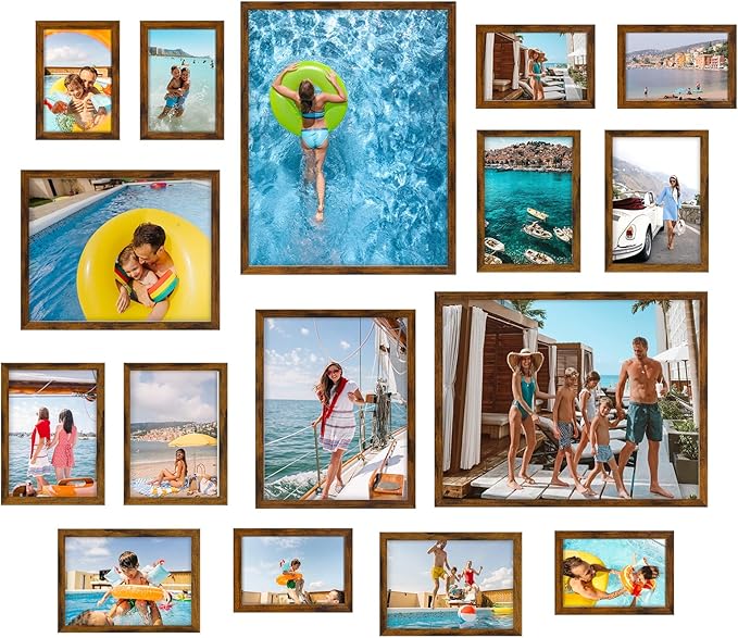 Giftgarden 16 Pack Brown Picture Frames for Multi Sizes Photos, Assorted Set Including Two 11x14, Two 8x10, Six 5x7, Six 4x6, Gallery Collage Frame for Wall or Tabletop Display