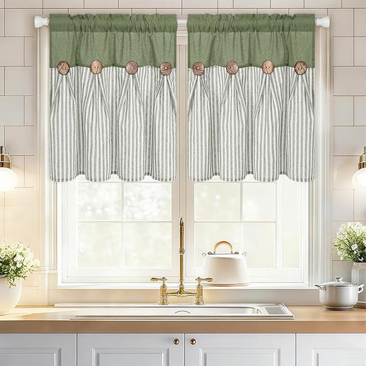 ASPMIZ Linen Kitchen Curtains 24 Inch Length, Farmhouse Boho Button Kitchen Window Curtain Over Sink, Green Striped Short Curtains for Small Windows, Bathroom, Rod Pocket Window Treatment Tiers
