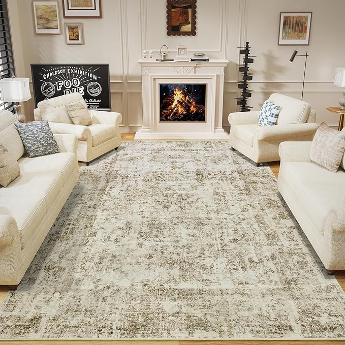 HOMORE Washable Area Rug 5x7 Beige Living Room Rug, Modern Abstract Rugs for Bedroom Non Slip Rugs for Kids Nursery Room Vintage Carpet for Farmhouse,Dorm,Classroom,Apartment