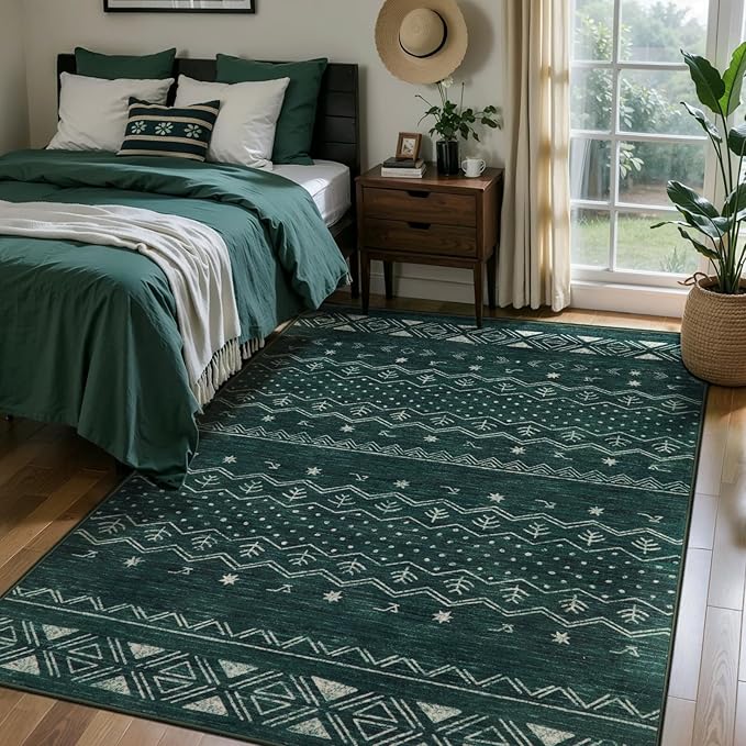 SERISSA 4x6 Area Rugs for Living Room, Washable Non-Slip Dark Green Boho Rug, Soft Low-Pile Geometric Indoor Carpet for Dining Room Bedroom Home Office Nursery