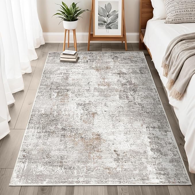 4x6 Washable Entryway Rug – Non-Slip Low-Pile Small Area Rug for Kitchen Bedroom Living Room Office – Modern Abstract Neutral Throw Carpet with Rubber Backing (Beige, Grey)