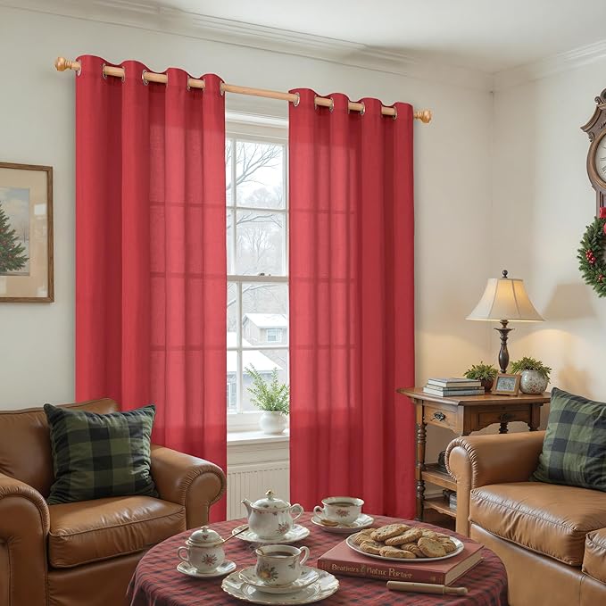 YoungsTex Red Linen Curtains 80 Inches Long for Living Room, Light Filtering Drapes with Grommet Semi Sheer Privacy for Bedroom Dining Room, 2 Panels, 52 X 80 Inch
