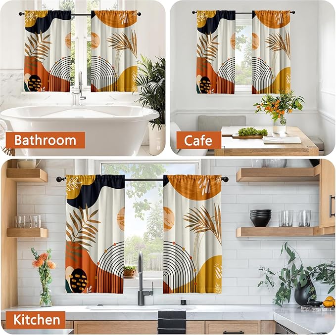 Orange Boho Curtains 39 Inch Mid Century Cafe Drapes for Small Windows Abstract Leaves Rainbow Colorful Modern Geometric Window Curtains for Kitchen Living Room Bathroom Laundry 2 Panels