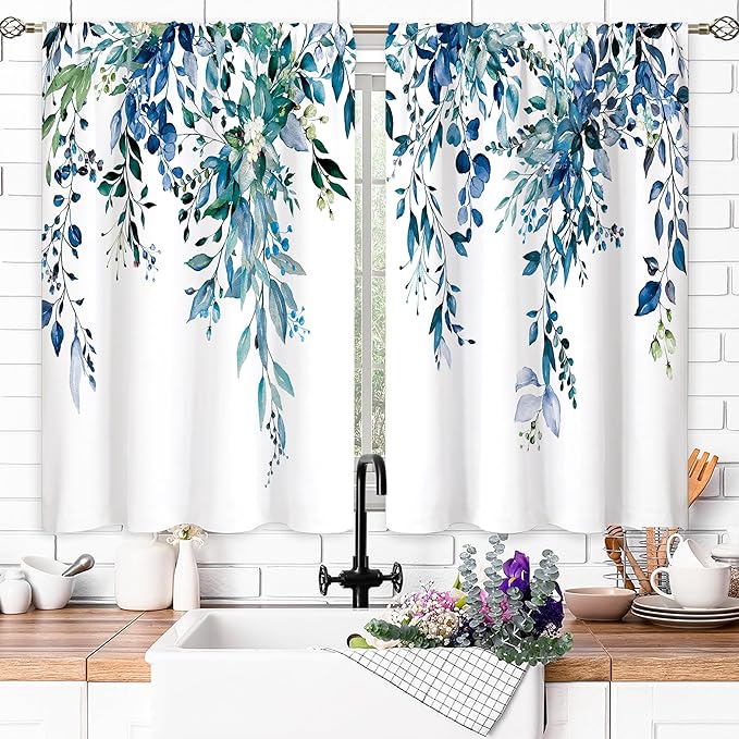 Teal Eucalyptus Botanical Leaves Floral Small Kitchen Curtains Blue Flower Window Treatment Wildflower Plant Cafe Short Window Curtains for Bathroom Room Tier Treatment Drapes 27.5x39 inch