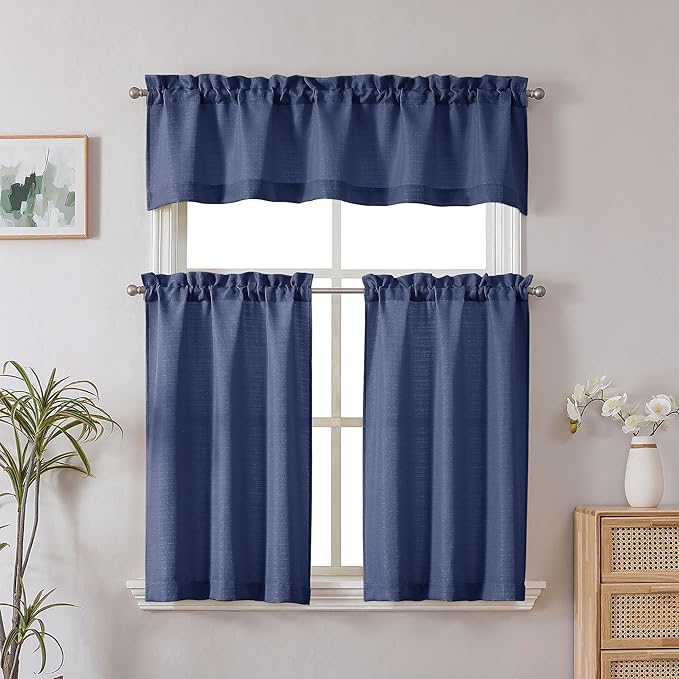 Chyhomenyc Bennet Blue Valance for Windows, Faux Linen Slub Textured Semi Sheer Small Window Kitchen Valance Curtain, Rod Pocket Cafe Valance for Bathroom Laundry Basement, 30Wx14L inch, 2 Piece
