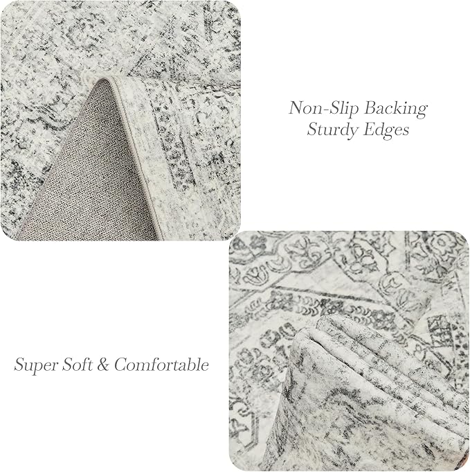 Soalmost Washable Area Rug 8x10, Gray Soft Rug for Living Room Vintage 8x10 Area Rugs for Bedroom Dining Room Floral Non-Slip Thin Grey Rug
