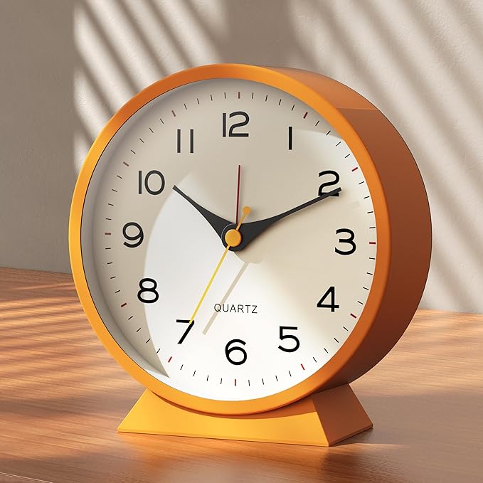 AYRELY?? 4.5" Analog Alarm Clock,Small Retro Desk Clock Battery Operated,Slient Metal Table Clock with Light for Living Room Decor,Bedroom,Bedside,Shelf (Orange-Yellow)