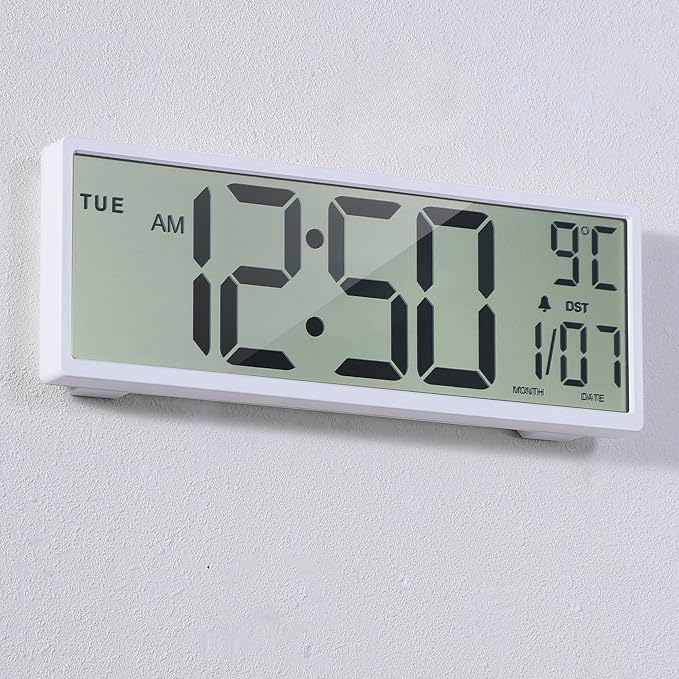 15" Large Digital Wall Clock Battery Operated Black, Clock with Large Display Numbers, Calendar, Auto DST, Clocks for Living Room, Kitchen, Office, Bedroom