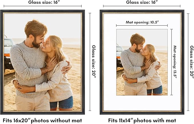 Americanflat Vintage Frames - 16x20 Picture Frame with Beaded Accents and Polished Plexiglass - Use as 11x14 Frame or Display 16x20 Photos Without Mat - Heirloom Collection - Wall Display - Black Gold