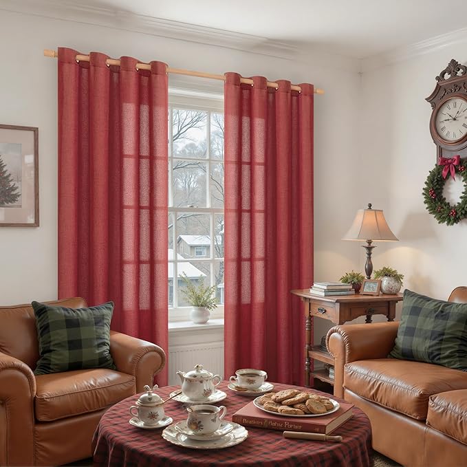 YoungsTex Burgundy Red Linen Curtains 80 Inch Length for Living Room, Light Filtering Window Drapes Semi Sheer with Bronze Grommet Privacy for Bedroom, 52 x 80 Inch, 2 Panels