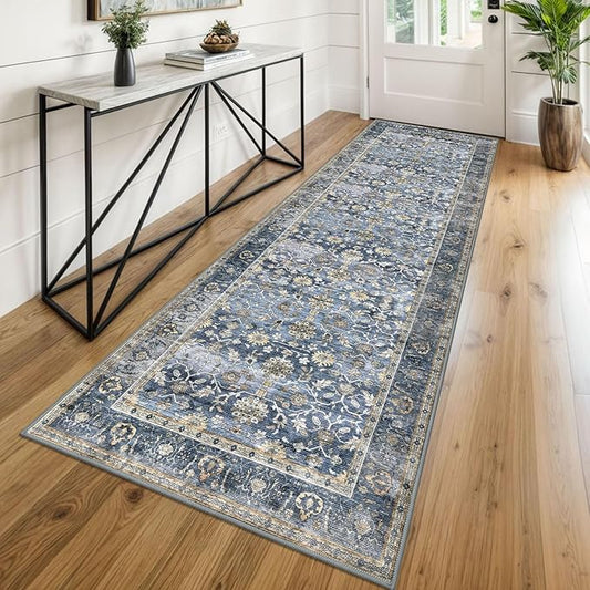 KUTA Vintage Washable Runner Rug, 2.6x8 Blue Grey Beige Runners for Hallways Non-Slip Kitchen Rugs Ultra Thin Soft Printed Distressed Oriental Floor Carpet for Laundry Bedroom Living Room Nursery