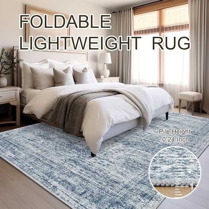 Soalmost 5x7 Area Rugs Blue Low Pile Indoor Washable Trendy Faded Style Rugs for Bedroom Living Room Dining Room Foldable Non-Slip Thin Print Mat