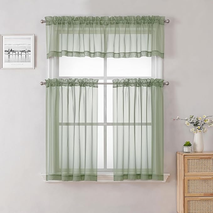 Lecloud Sage Green Sheer Kitchen Curtains 36 Inch Length 2 Pieces, Solid Volie Small Window Curtain Tiers for Bedroom Living Room, Rod Pocket Gauzy Window Treatments, 40x36 Inch