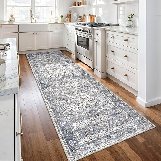 KUTA Vintage Wide Runners for Hallways 3x10 ft Washable Kitchen Runner Grey Blue Non Slip Rubber Backed Long Hall Runners Entryway Runner Rugs Floor Carpet for Indoor Backdoor Bedroom