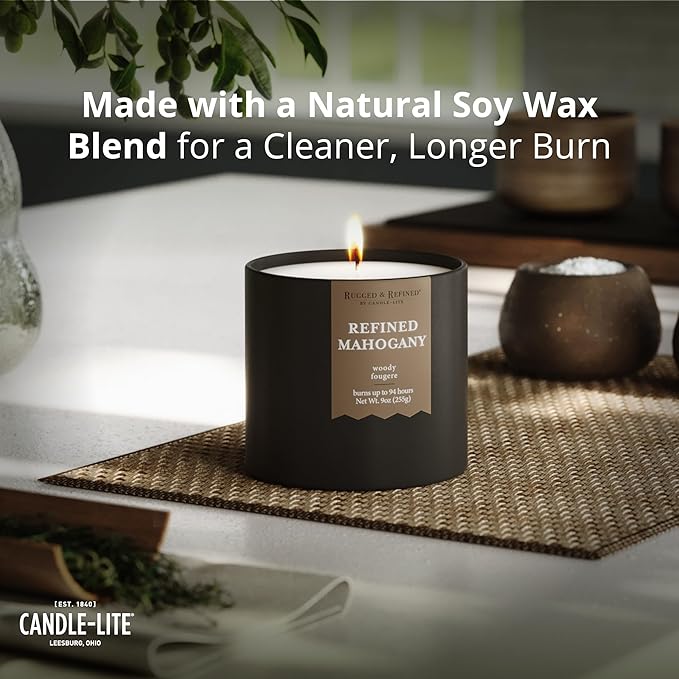 Candle-lite Rugged & Refined Scented Candle for Men, Refined Mahogany, 9 oz Tin, Poured in The USA, Masculine Fragrance, 1-Wick, 58 Hours of Burn Time, Ideal Gift for Man in Your Life & Father's Day