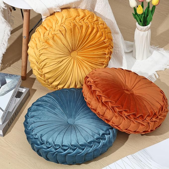 Drydiet 3 Pcs Round Throw Velvet Pillows Decorative Pleated Throw Pillows 15'' Diameter Accent Pumpkin Boho Chair Cushion for Couch Sofa Home Decoration (Yellow,Brunt Orange,Blue)