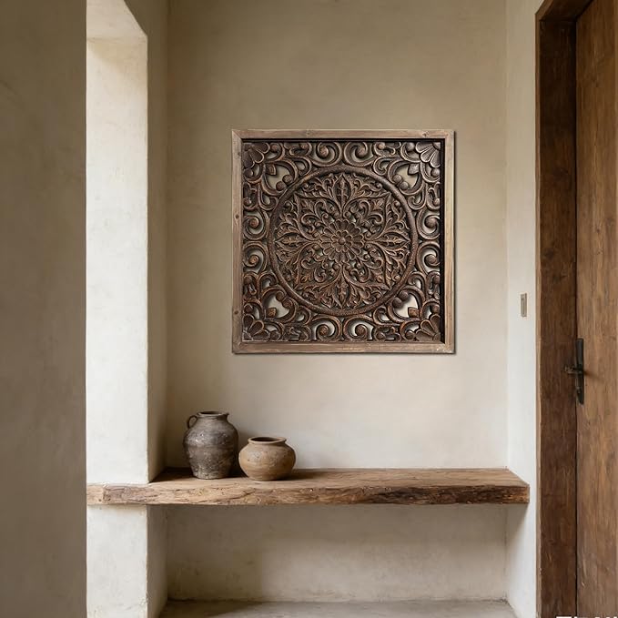 XIAOAIKA Boho Carved Wood Wall Sculpture, Intricate Floral Mandala Design with Distressed Brown Finish, Vintage Farmhouse Wall Art Panel with Solid Wood Frame for Bedroom Entryway (22.5" x 22.5")