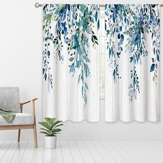 Farmhouse Teal Eucalyptus Botanical Leaves Floral Window Curtains Blue Watercolor Wooden Flower Plant Wildflower Curtain Drapes Herb Curtains for Bedroom Living Room Treatment 42Wx63H Inch