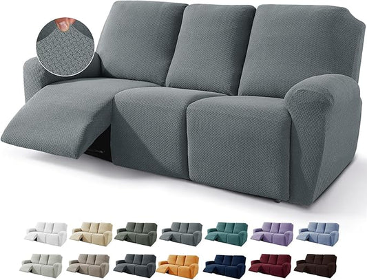 JIVINER 8-Piece Recliner Sofa Covers Stretch Jacquard Couch Covers for Recliner Slipcovers for Living Room 3 Cushion Soft Recliner Protector with Pocket (Sofa Recliner, Light Gray)