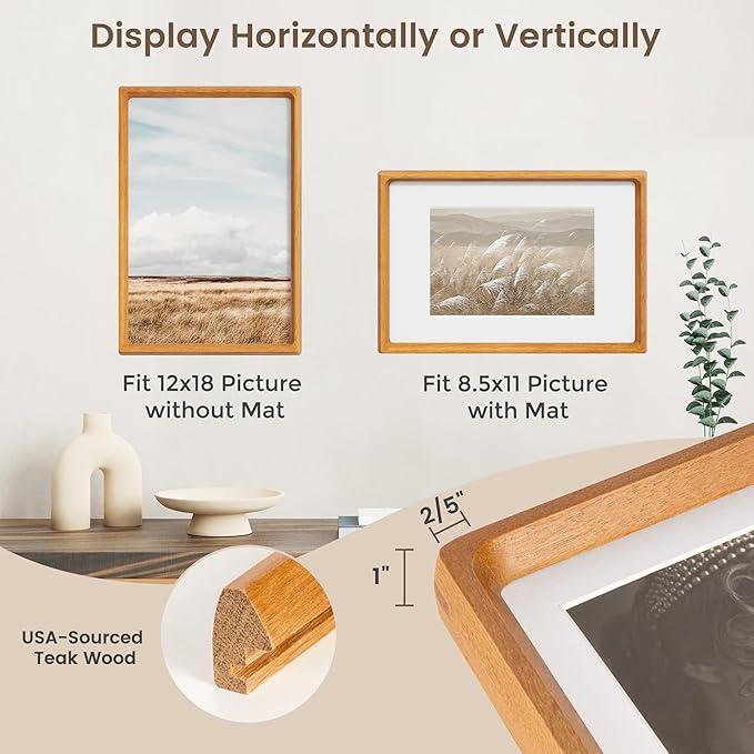 12x18 Poster Frame, USA-Sourced Teak Wood Picture Frame with HD Tempered Glass, Handcrafted Rounded Corner 12 x 18 Wooden Frames Matted to 8.5x11 Photos, Horizontal or Vertical Wall Display