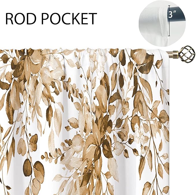 Eucalyptus Botanical Leaves Floral Kitchen Window Curtains Over Sink Farmhouse Flower Leaf Small Window Treatment Tan Floral Cafe Short Curtains for Bathroom Treatment Tier Drapes 26x30 inch