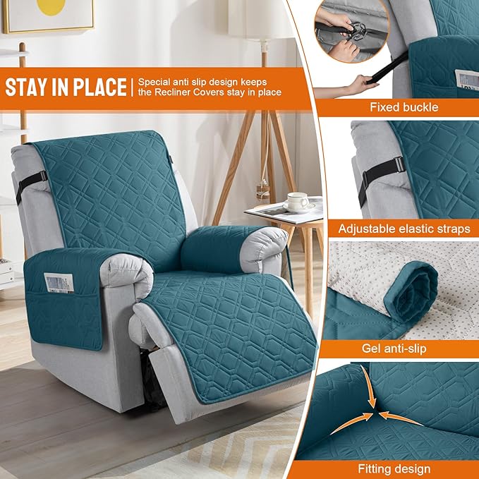 VANSOFY 100% Waterproof Recliner Chair Covers, Recliner Cover Non-Slip Dog Chair Cover Furniture Protector Washable Slipcover with Pocket, Elastic Straps for Pets, Dogs(Peacock Blue, 20")