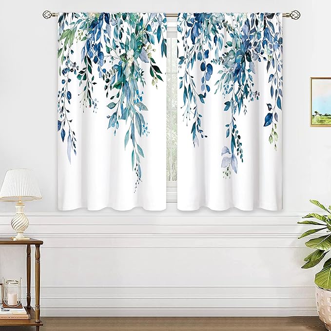 Teal Eucalyptus Botanical Leaves Floral Small Kitchen Curtains Blue Flower Window Treatment Wildflower Plant Cafe Short Window Curtains for Bathroom Room Tier Treatment Drapes 26x45 inch