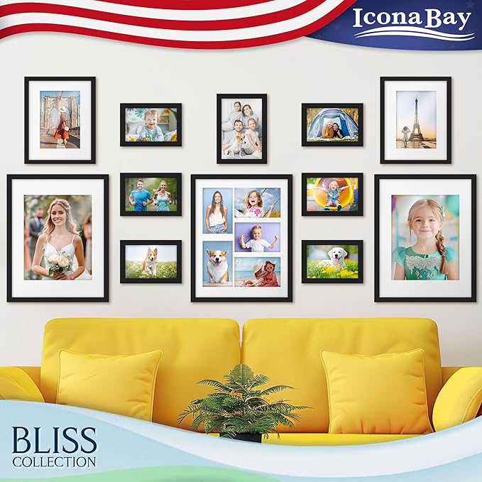 Icona Bay - 11x14 Black Picture Frame with Removable Mat for 8x10 Photo - Modern Style Engineered Wood Frame - Wall Mount Only - Bliss Collection