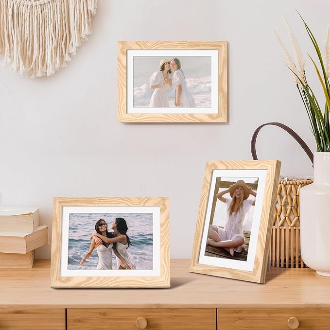 upsimples 5x7 Picture Frame, Display Pictures 4x6 with Mat or 5 x 7 Without, Wall Hanging Photo Frames, Natural, 1 Pack