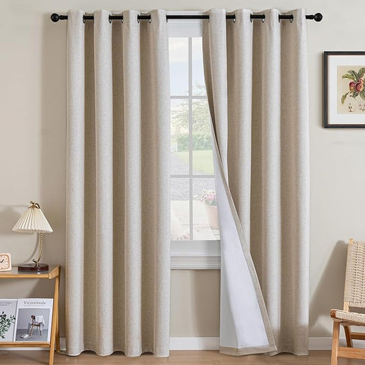 H.VERSAILTEX Linen Curtains 100% Blackout Curtains for Bedroom 102 inch Long Full Light Blocking Nature Linen Blended Window Curtains for Living Room Nickel Grommet (2 Panels, Heathered Natural)