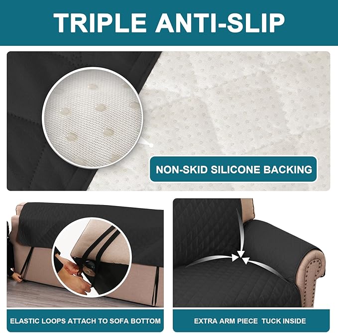 Turquoize 100% Waterproof Sofa Covers Couch Cover Sofa Cover for Dogs Couch Protector Triple Non-Slip Sofa Slipcover for 3 Cushion Couch Furniture Protector for Pets, Kids,Dog (Sofa 70", Black)