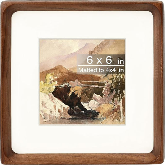 Square 6x6 Picture Frame with Mat for 4x4, Natural Walnut Wood Handcrafted Rounded Corner with Real Glass, Vertical or Horizontal Display Photo Gallery Wall & Tabletop Frame