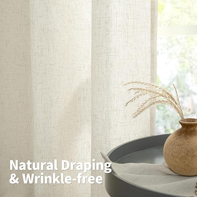 YoungsTex Beige Linen Kitchen Window Curtains, Short Light Filtering Drapes with Grommet Rustic Style for Cafe Bathroom Windows, 42 X 40 Inch, 2 Panels