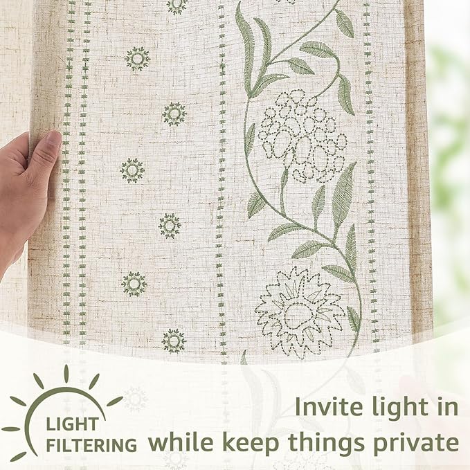 jinchan Winslow 4 Panel Curtains Set 84 Inch Length Embroidered Bordered Floral Curtains for Living Room Farmhouse Decor Light Filtering Window Treatments Sage on Beige Drapes 4 Panels