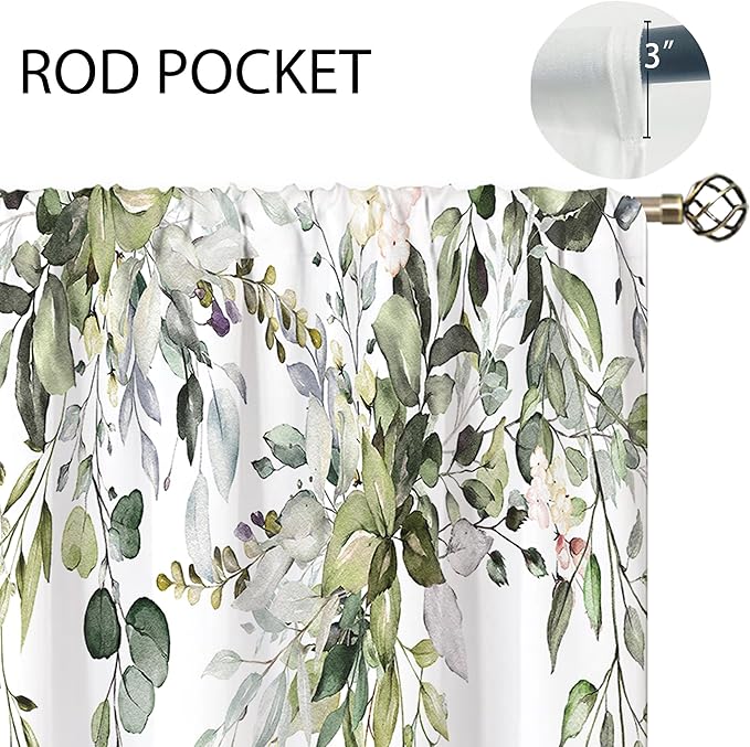 Sage Green Eucalyptus Leaves Window Curtains Flower Watercolor Floral BotanicalPlant Wildflower Farmhouse Curtain Drapes Herb Curtains for Bedroom Living Room Treatment 2 Panels 29Wx63H Inch