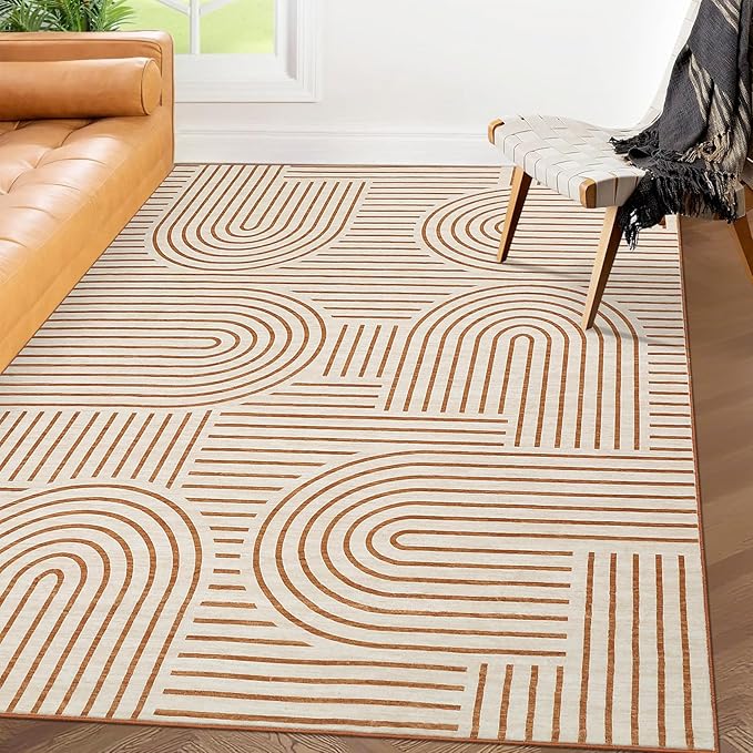 ROYHOME Washable Rug 3x5 Area Rugs for Living Room, Abstract Rug for Bedroom, Soft Rainbow Non Slip Throw Rugs with Rubber Back, Low Pile Stain Resistant Boho Geometric Carpet for Dining Room, Orange