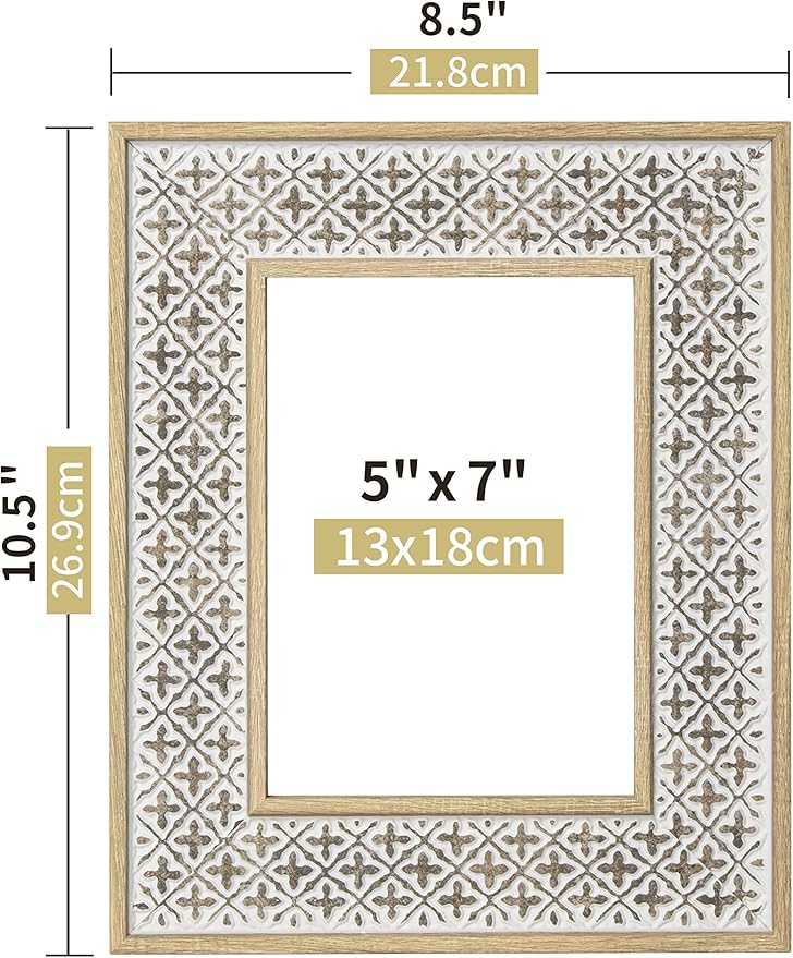 Afuly 5x7 Picture Frames Distressed Moroccan Relief Boho Photo Frame Shabby Chic 3D Cross Pattern Frame for Wall Tabletop, Wedding Birthday Gifts for Mom Grandma, Set of 2