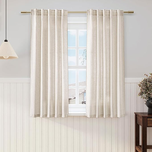 Nanspring Beige Cafe Curtains 54 Inch Length Set 2 Panel Back Tab Pocket Semi Sheer Short Linen Beige Curtain Tiers for Small Bathroom Window Basement 38x54