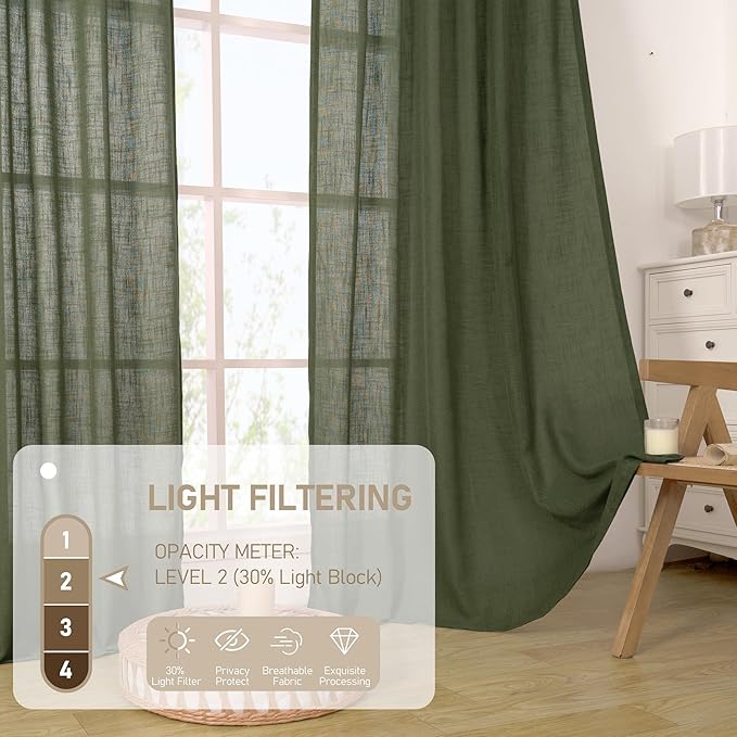 LAMIT Linen Curtains 60 Inch Length 2 Panels, Light Filtering Panels Back Tab and Rod Pocket Neutral Drapes for Bedroom/Window/Living Room, Olive Green, 34 x 60 Inch