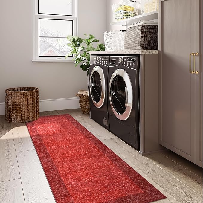 Hedlive Vintage Red Kitchen Runner Rug, 2x6 Runners for Hallways Non Slip, Washable Runner Rug for Bedroom Entryway, Ultra-Thin Carpet Runners for Laundry Room Bedroom Holiday Decor (2'x6', Red)