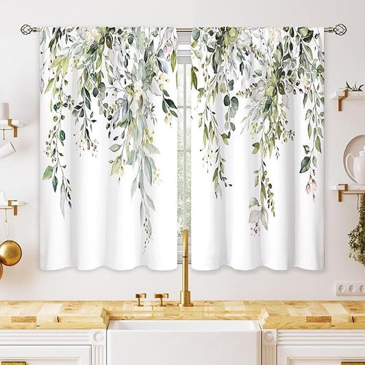 Eucalyptus Botanical Leaves Floral Kitchen Window Curtains Over Sink Farmhouse Flower Leaf Small Window Treatment Sage Green Cafe Short Curtains for Bathroom Treatment Tier Drapes 26x30 inch