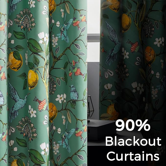 Topfinel Vintage Cottagecore Chinoiserie Curtains & Drapes Botanical Floral Flower Lemon Hummingbird Patterned Sage Green Pioneer Woman Blackout Curtains 96 Inches Long 2 Panels Living Dining Room