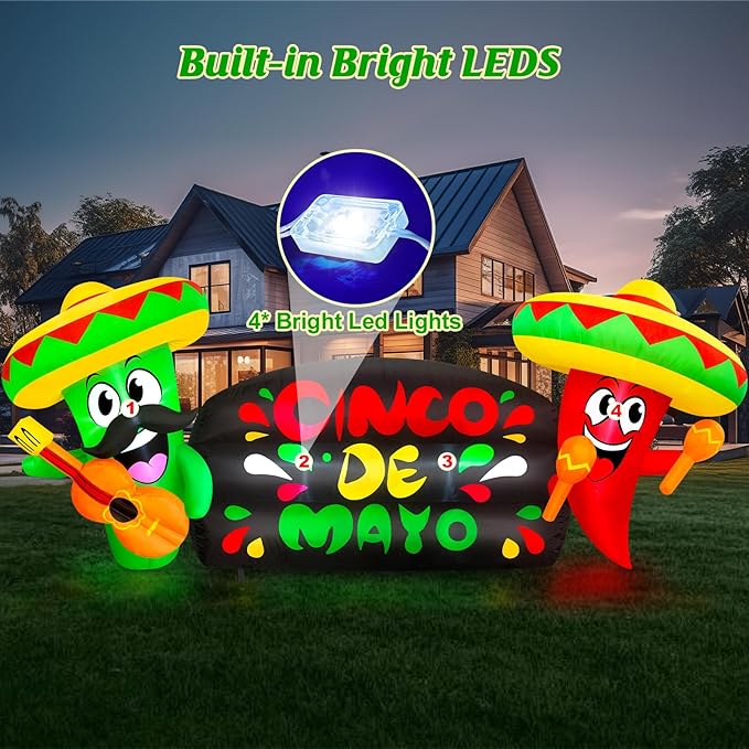 8FT Long Cinco de Mayo Inflatable Outdoor Decoration Blow Up Cactus Holding Guitar and Chili Holding Makara with Taco Sombrero, May 5 Mexican Fiesta Decor Built-in LEDs for Yard, Party, Holiday