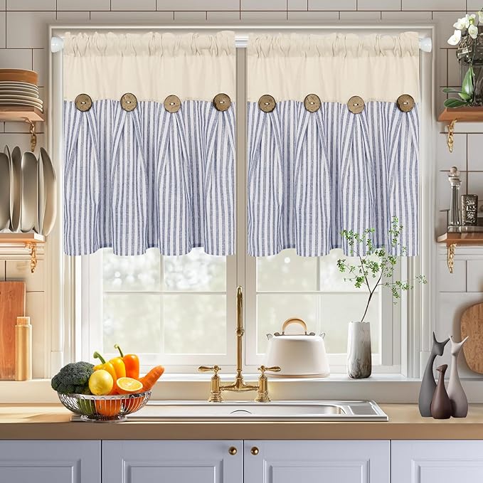 ASPMIZ Cotton Linen Kitchen Curtains 24 Inch Length Sets, Boho Rustic Button Tier Curtain Farmhouse Blue Stripe Half Window Curtains, Country Short Rod Pocket Curtain for Small Window, 2 Panels